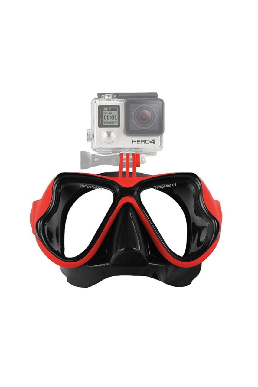 Aksiyon Kamera Aparatlı Dalış Maskesi Tempered Camlı Kırmızı